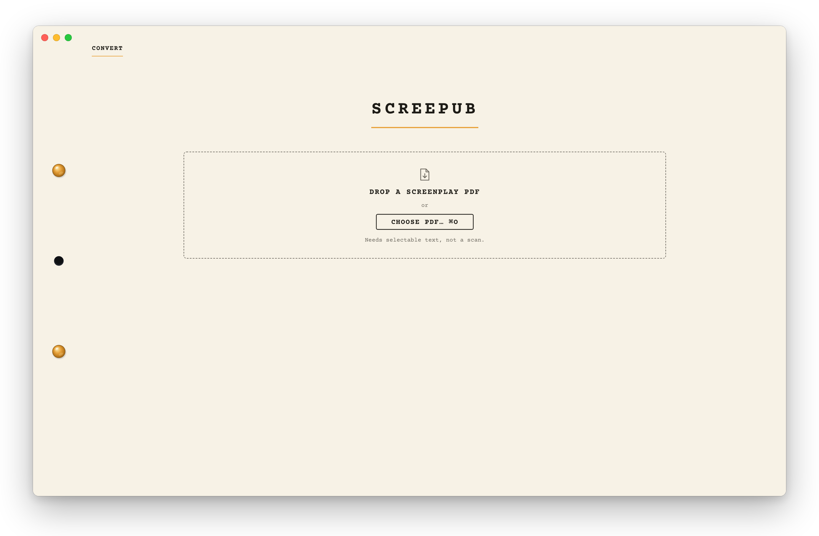 The Screepub window waiting for a script: a dashed area that says Drop a screenplay PDF, with a Choose PDF button.