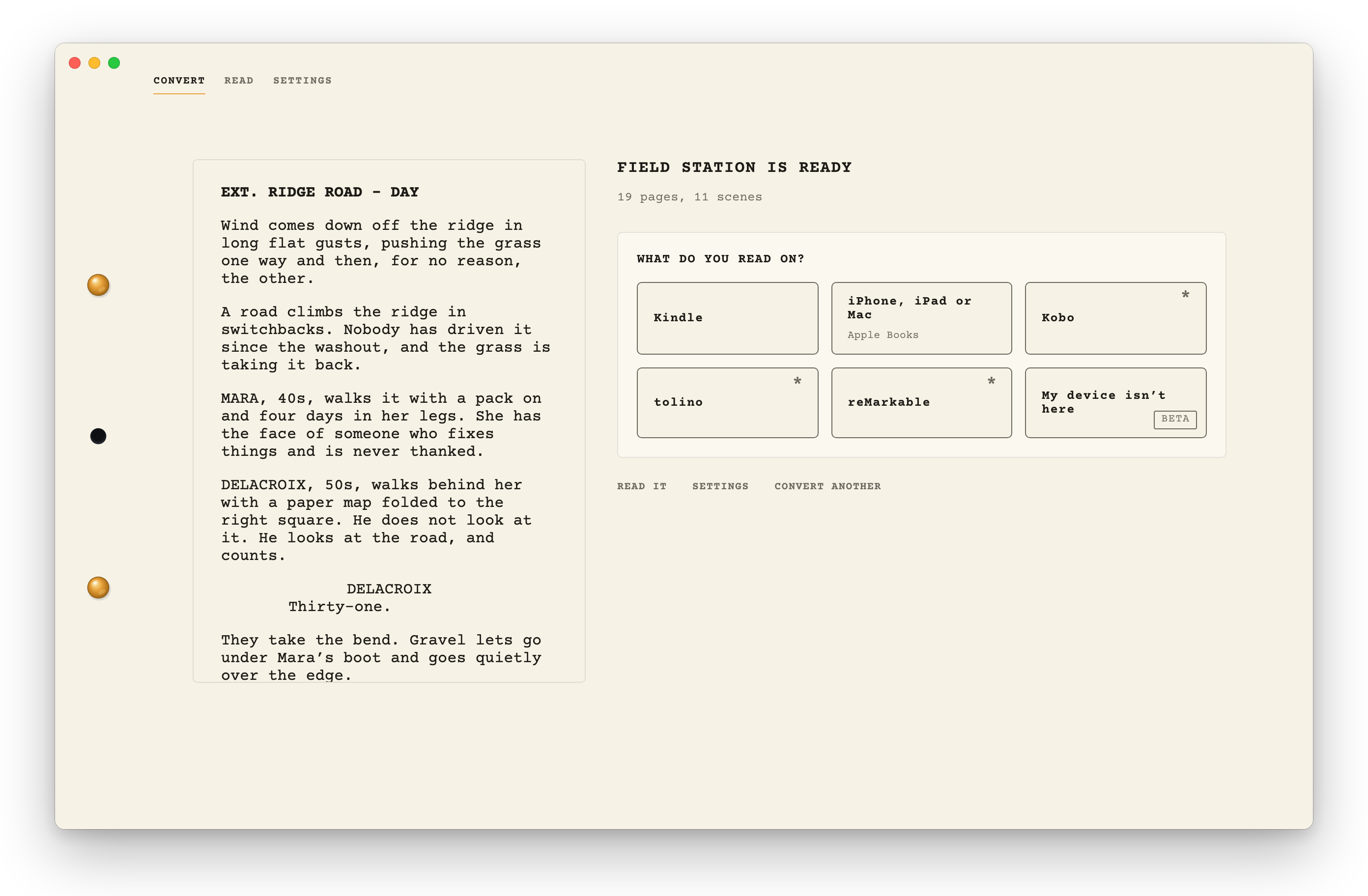 The same window after converting Field Station, an invented script: its title, its first page, and the question of what you read on.